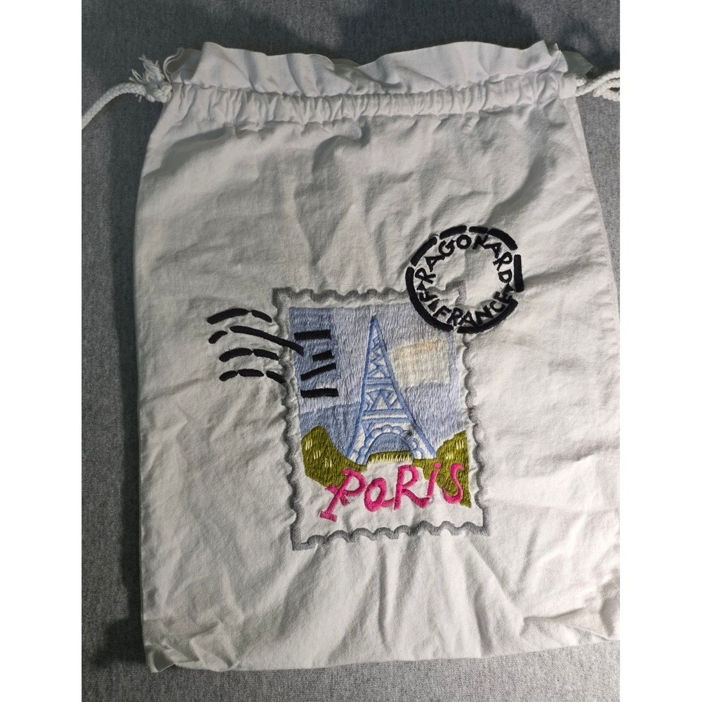 Fragonard Parfumeur Paris Embroidered Eiffel Tower Cotton Drawstring Bag White